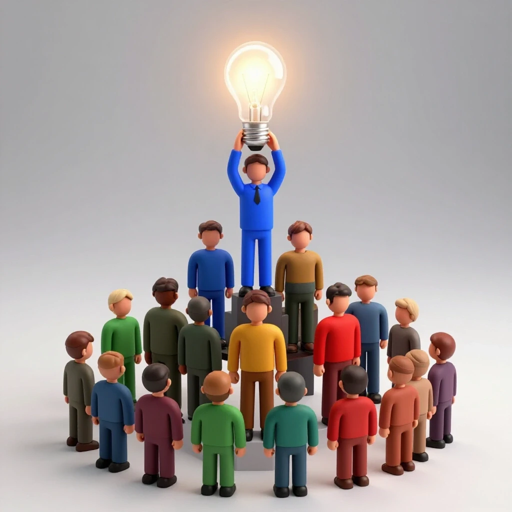 A pyramid structure of diverse individuals with a vibrant light bulb at the top symbolizing innovative agency growth.