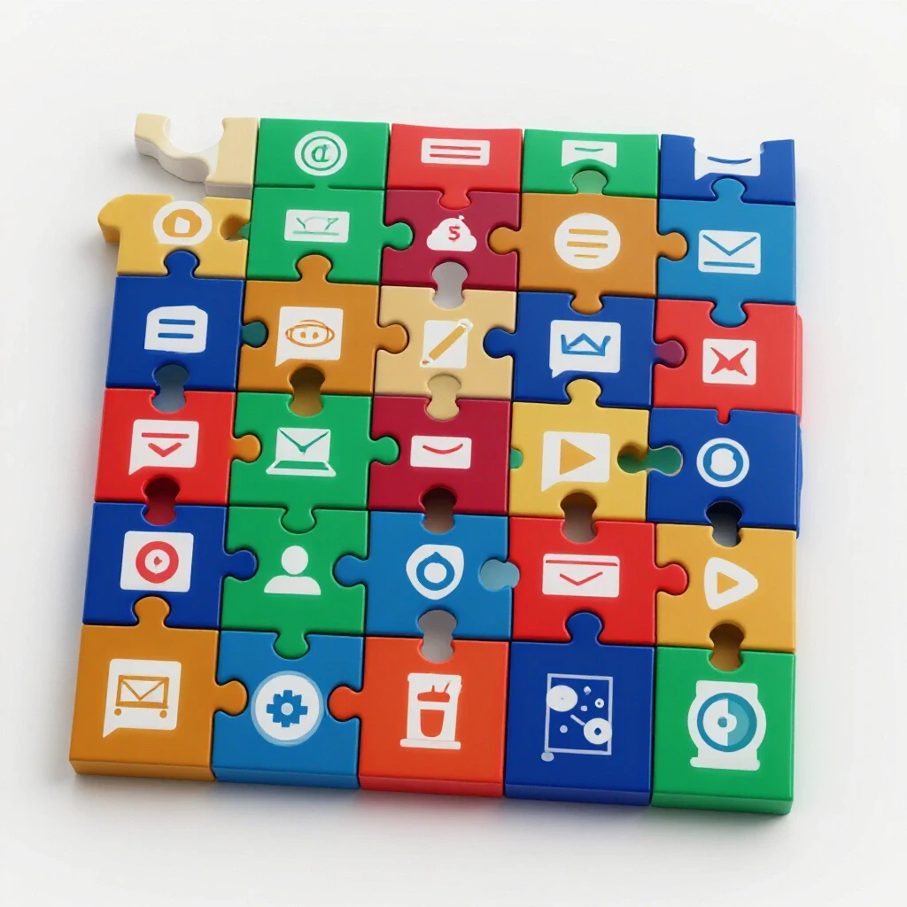 A colorful 3D puzzle symbolizing teamwork in social media ad operations, showcasing various roles.