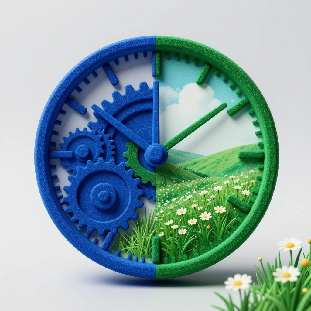 A striking visual contrasting a clock with gears and a serene blooming landscape, symbolizing social media optimization balance.