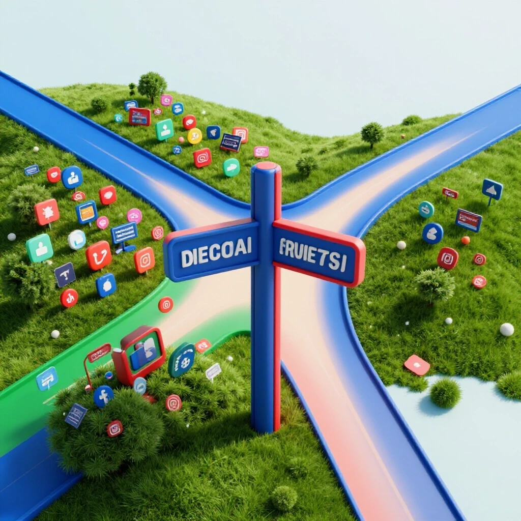 A visual metaphor for choosing between chaotic social media ads and a peaceful minimalist path representing opting out.