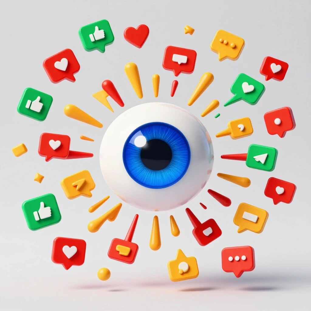 A vibrant eye surrounded by colorful social media icons representing engagement elements on a bright background.