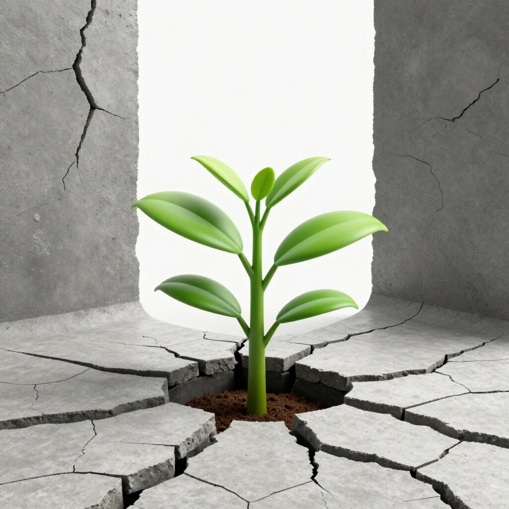 A vibrant green plant emerging from cracked concrete, symbolizing resilience and organic growth.