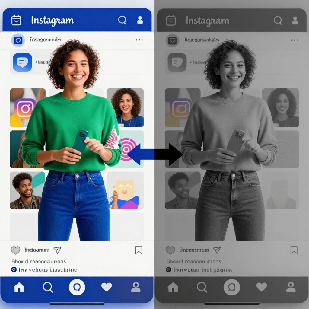 A captivating split-screen image contrasting a vibrant Instagram feed with high engagement against a desaturated one illustrating decline, evoking curiosity.