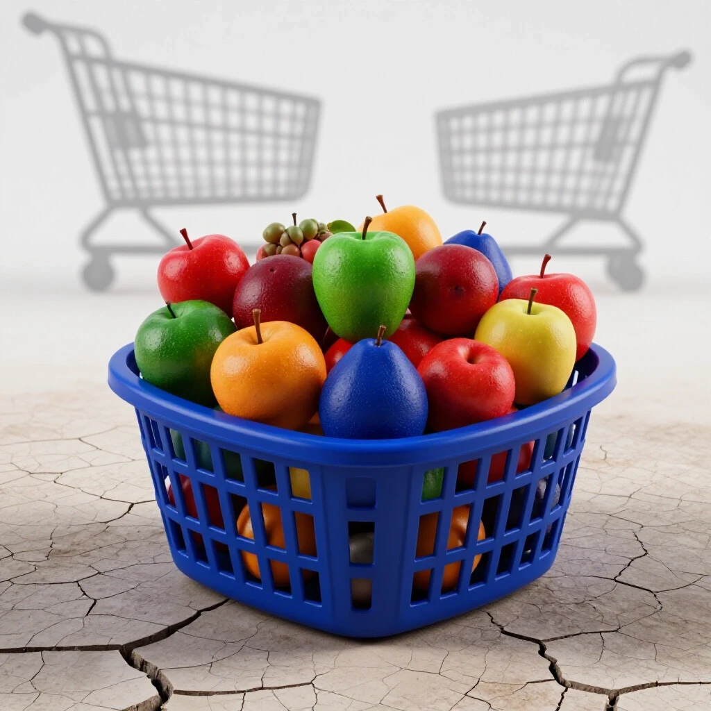 A vibrant basket overflowing with fruit on a cracked landscape, symbolizing the gap between social media engagement and sales.