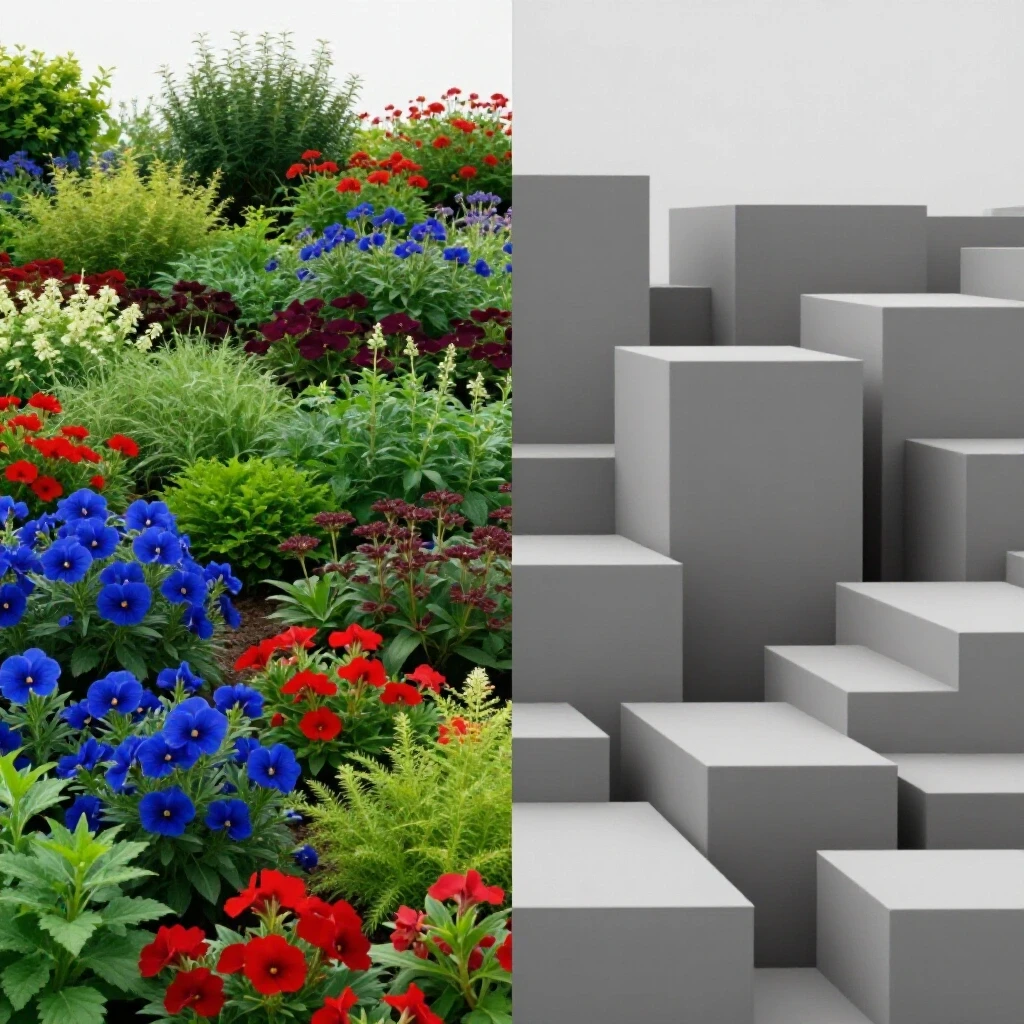 A vibrant garden contrasting with a monochrome geometric landscape symbolizing the performance of organic posts versus paid ads.