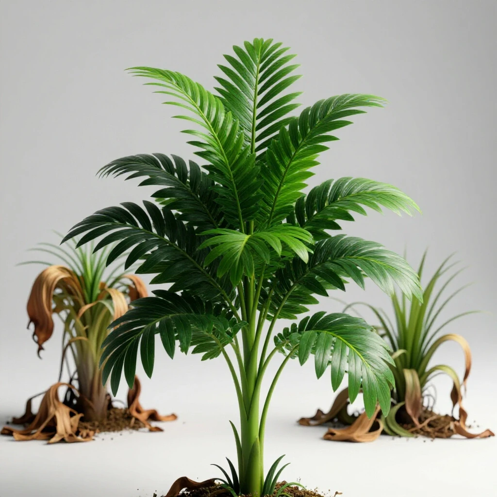 A vibrant emerald plant in focus contrasted with a wilting plant in the background, symbolizing declining organic reach.