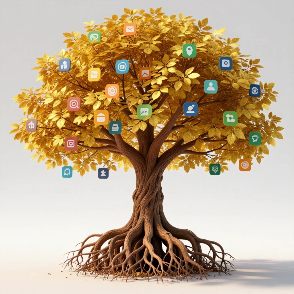 A vibrant tree with golden leaves and roots intertwined with social media icons representing lead generation.