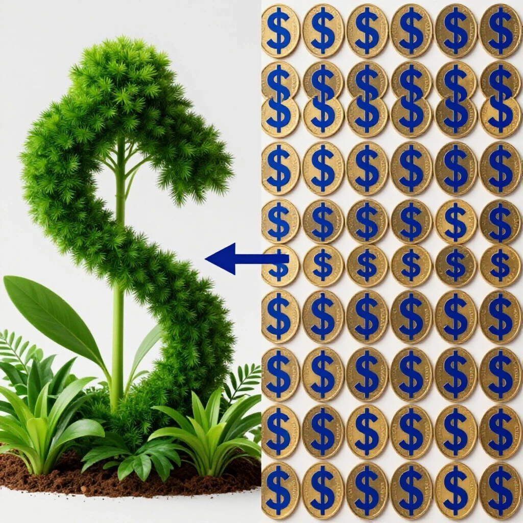 A visually striking split image showcasing vibrant plants symbolizing organic growth contrasted with geometric coins representing paid advertising.