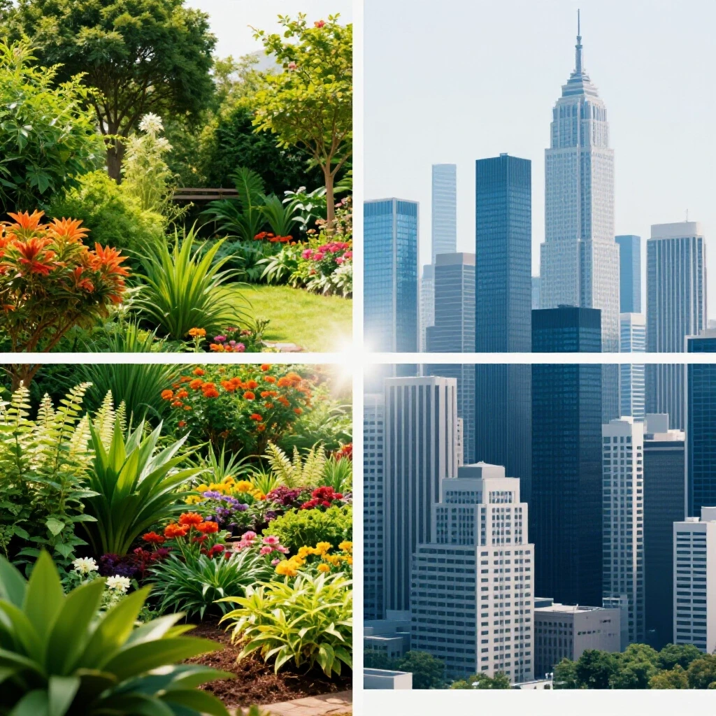 A split-image design contrasting a vibrant garden symbolizing organic social growth with a modern cityscape representing paid social ads.