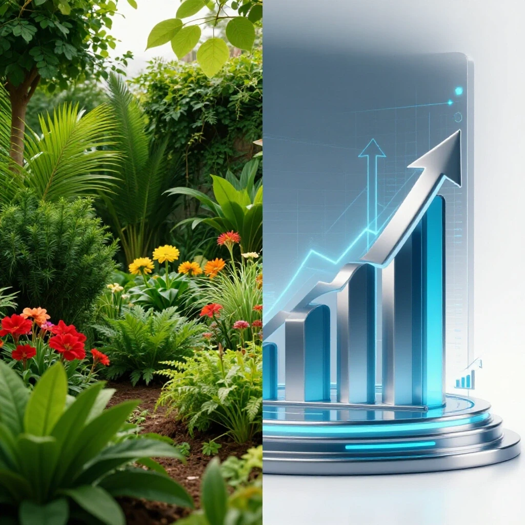 A split image showcasing a vibrant garden on one side symbolizing organic growth and a digital landscape with graphs representing paid growth.