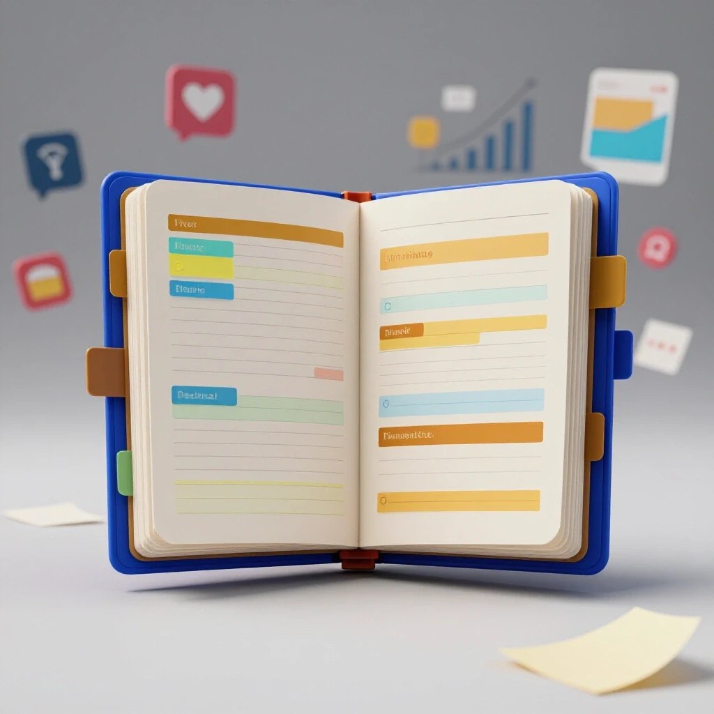 A vibrant open notebook with organized notes and sticky tabs, set against a blurred chaotic marketing background.