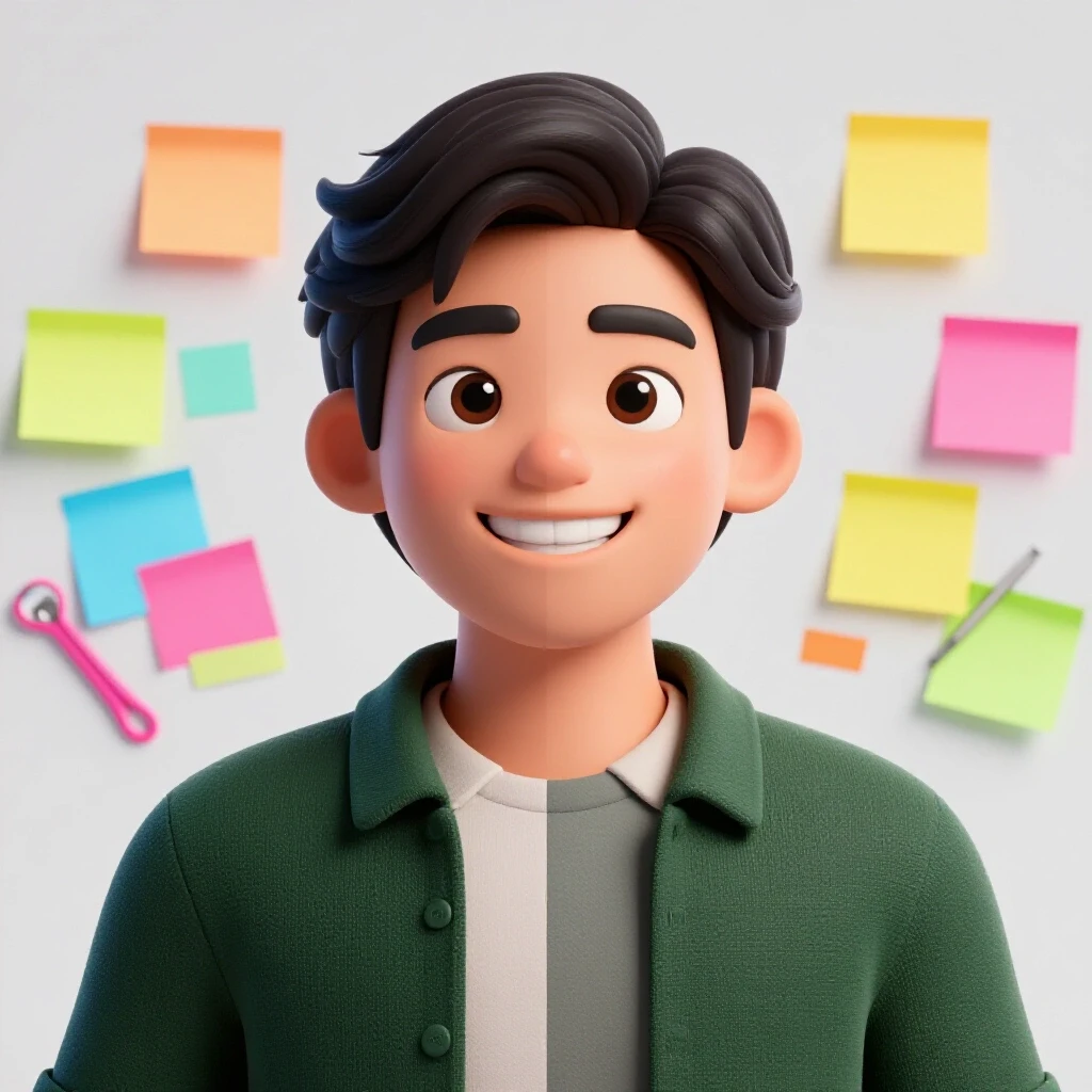 A vibrant split-screen image showing a person smiling brightly alongside colorful sticky notes and orthodontic tools, symbolizing orthodontic ideas.