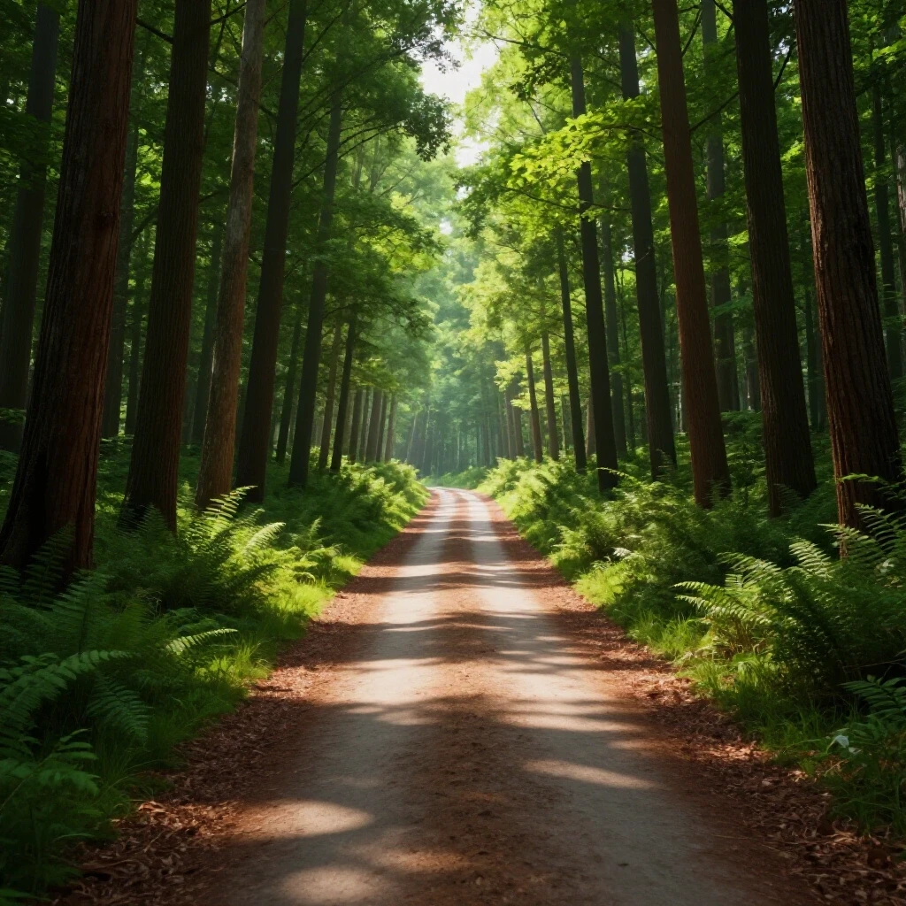 A winding path through a dense forest with vibrant light breaking through the trees, symbolizing overcoming challenges.