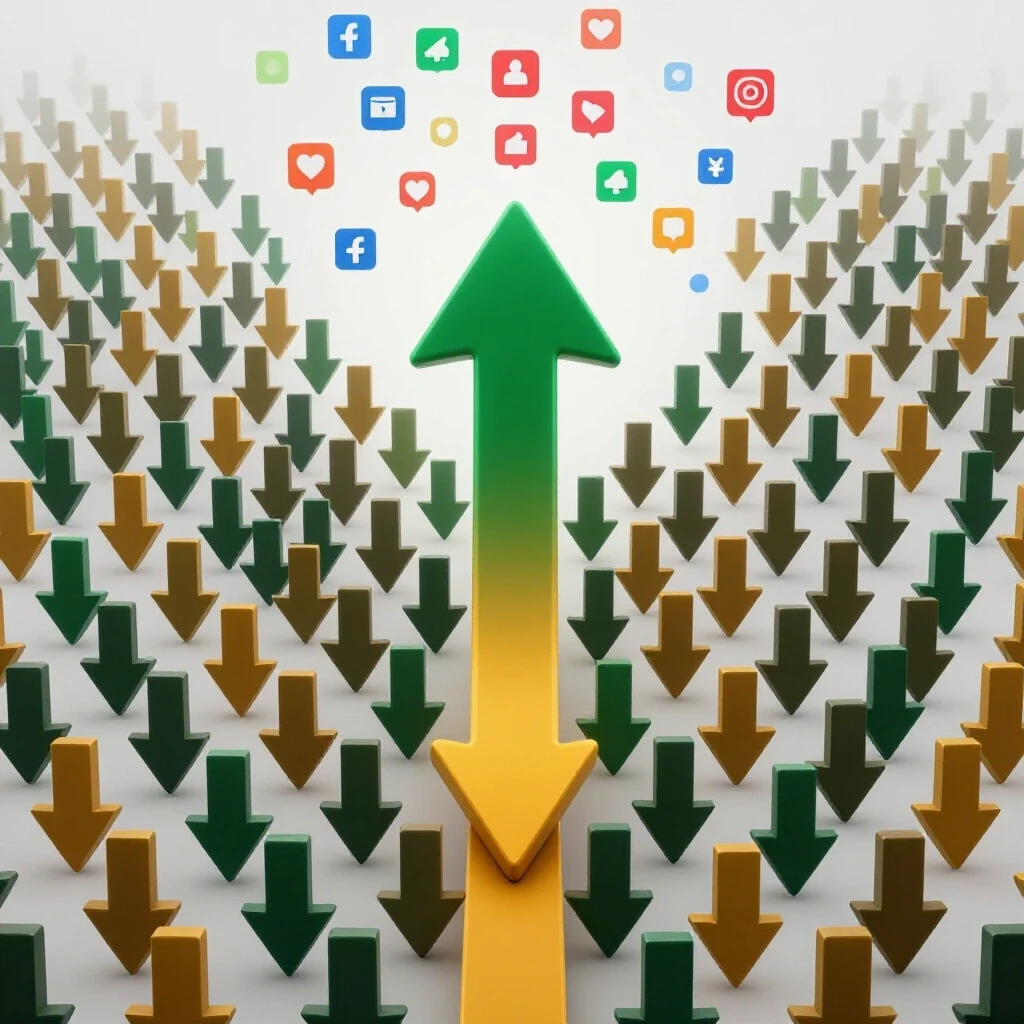 A vibrant upward arrow emerges from a sea of muted downward arrows, symbolizing overcoming declining organic reach on social media.