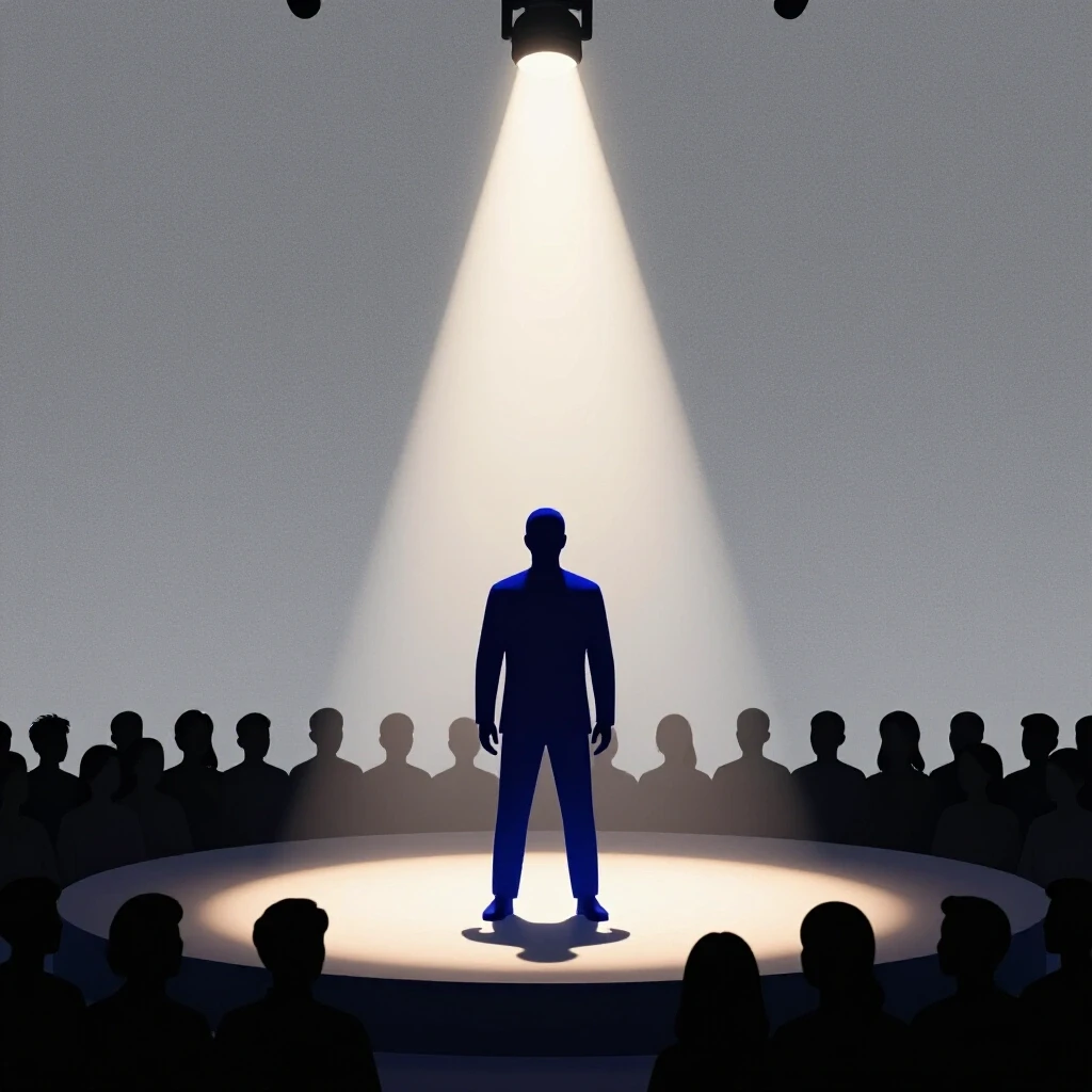 A silhouetted figure on stage under a spotlight, surrounded by faceless spectators in darkness, symbolizing overcoming self-doubt.