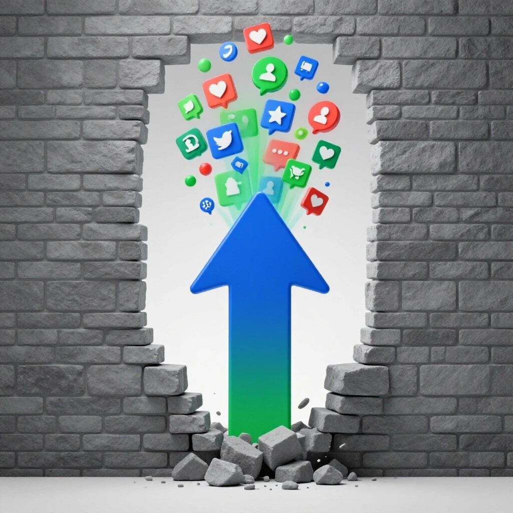 A vibrant arrow breaking through gray bricks with colorful social media icons rising, symbolizing overcoming engagement decline.