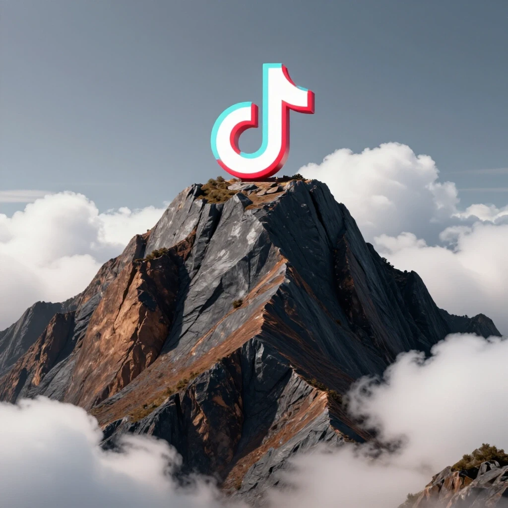 A steep rocky mountain with a bright TikTok logo at the top, symbolizing growth challenges, amid clouds.