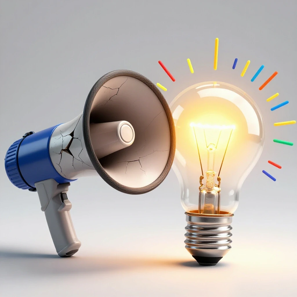 A juxtaposition of a cracked megaphone and a vibrant light bulb, symbolizing transformation in content promotion.