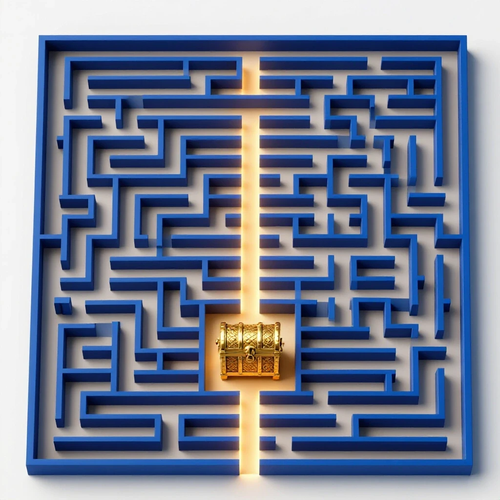 A vibrant 3D maze with a glowing path leading to a treasure chest, symbolizing social media ad strategies.