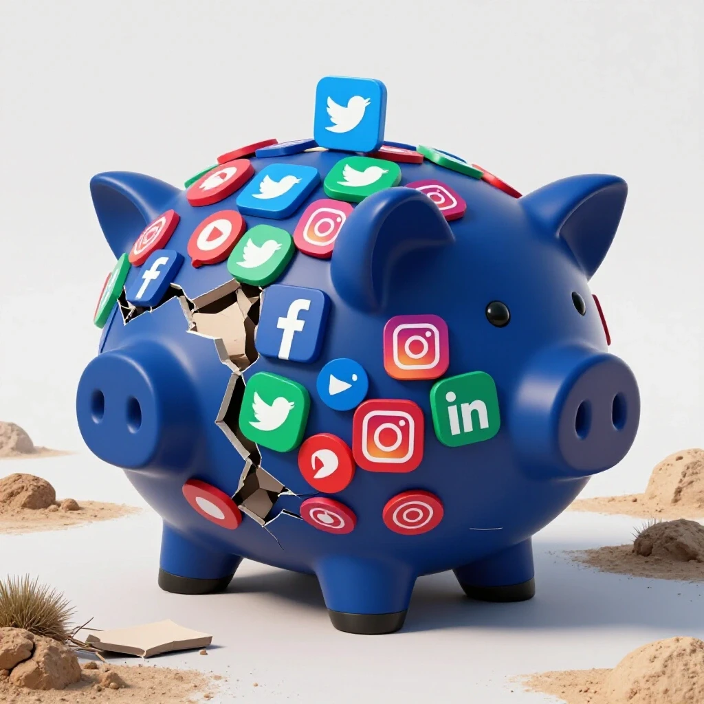 A cracked piggy bank overflowing with colorful social media icons set against a barren landscape, highlighting growth challenges.