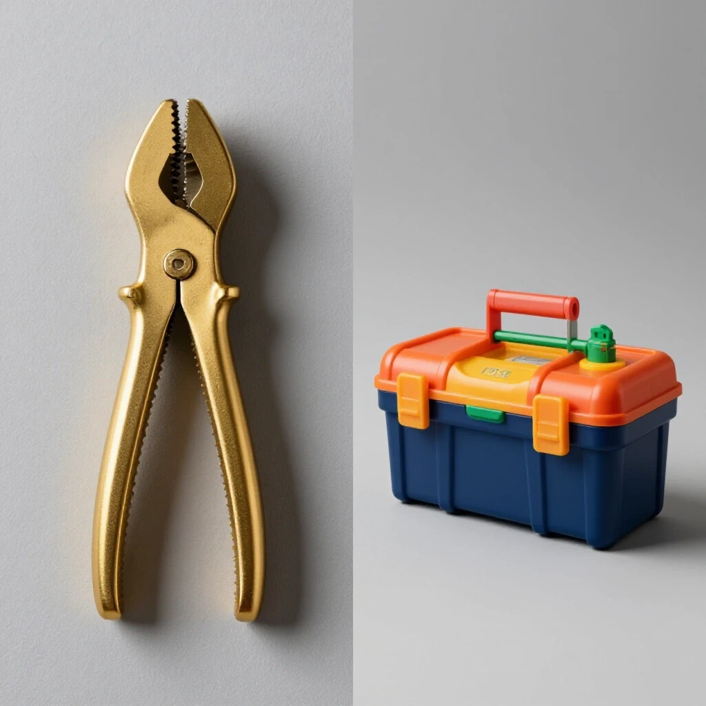 A split-image featuring a luxurious gold tool symbolizing paid social media tools on one side and a colorful toolbox representing free tools on the other, creating visual contrast.