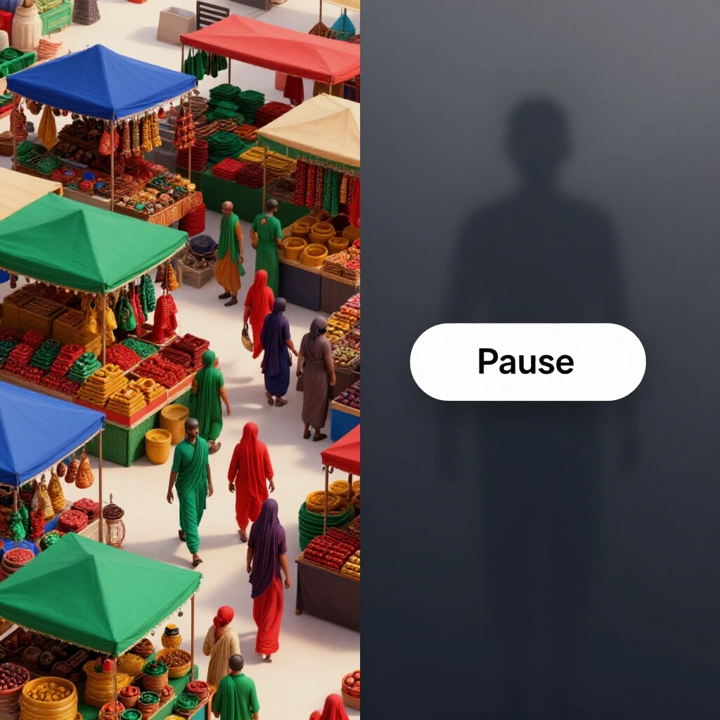 A vibrant Bangladeshi marketplace contrasted with a minimalist digital interface showcasing a 'Pause' button.