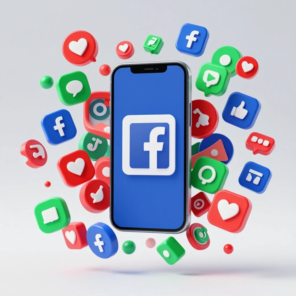 A vibrant smartphone displaying a Facebook ad surrounded by colorful social media icons, illustrating engagement.