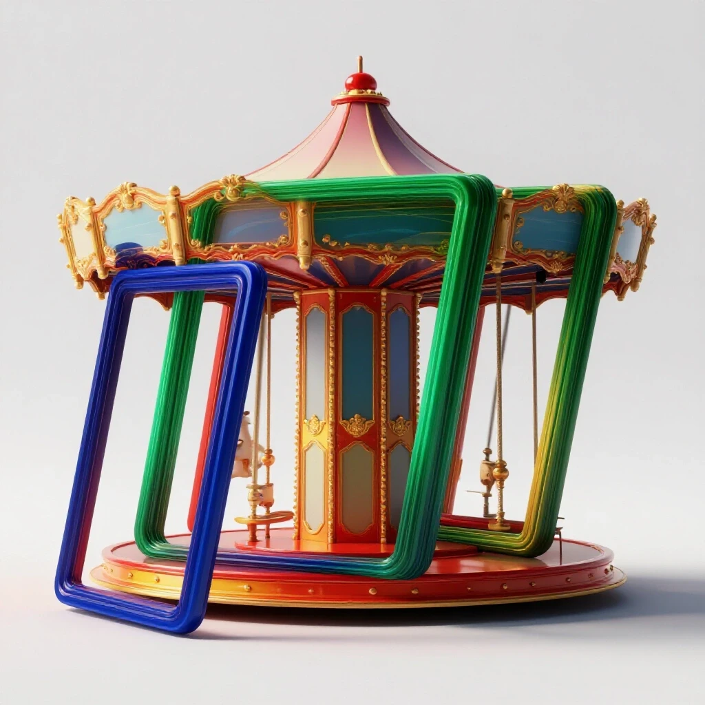 A dynamic composition depicting overlapping carousel frames in vibrant colors symbolizing Facebook Ad sizes.