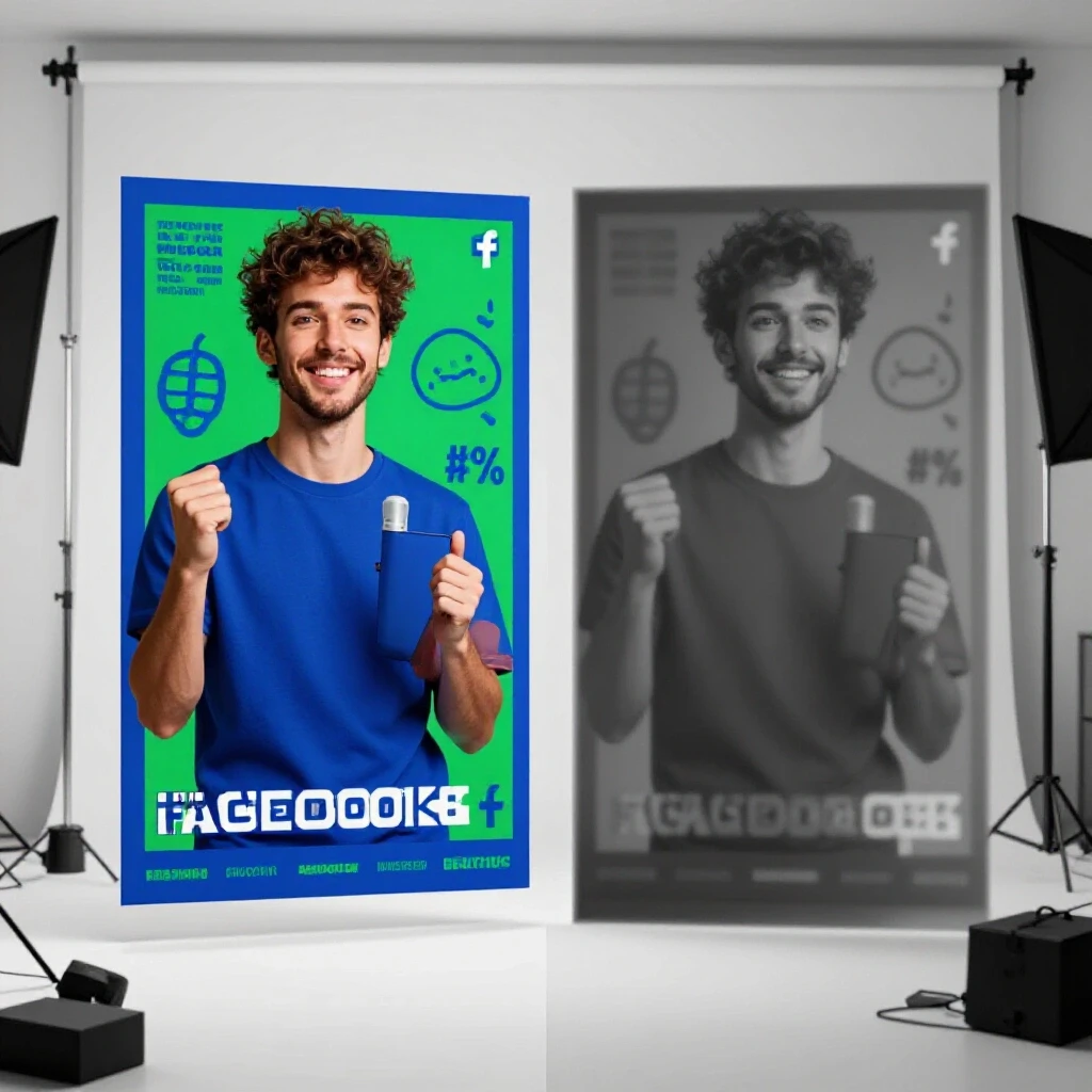 A split-screen image showing a vibrant, effective Facebook ad on one side and a dull, cluttered ad on the other to illustrate design importance.