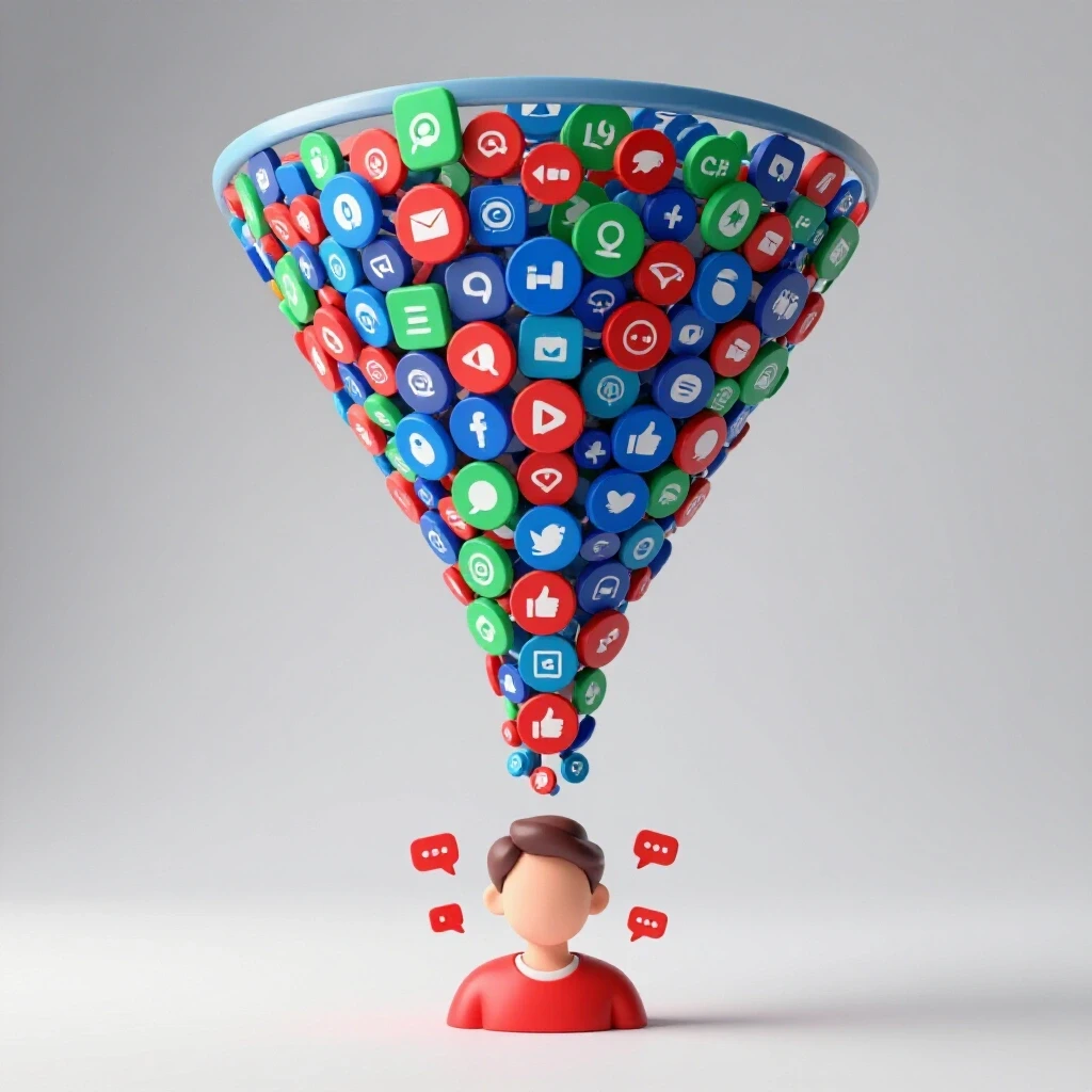 A vibrant 3D funnel of social media icons leading to a personal brand avatar surrounded by engagement symbols.