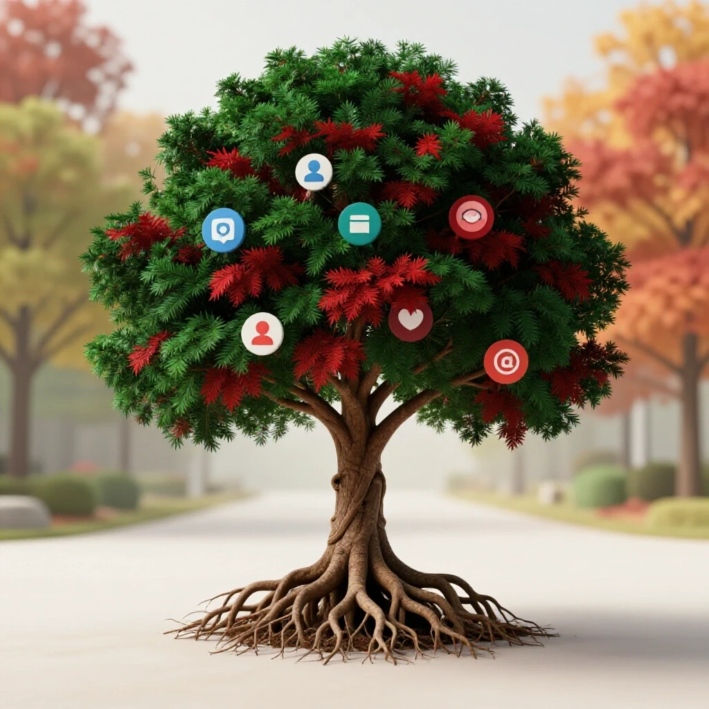 A vibrant tree with deep roots intertwined with social media icons, symbolizing personal brand growth against a clean background.