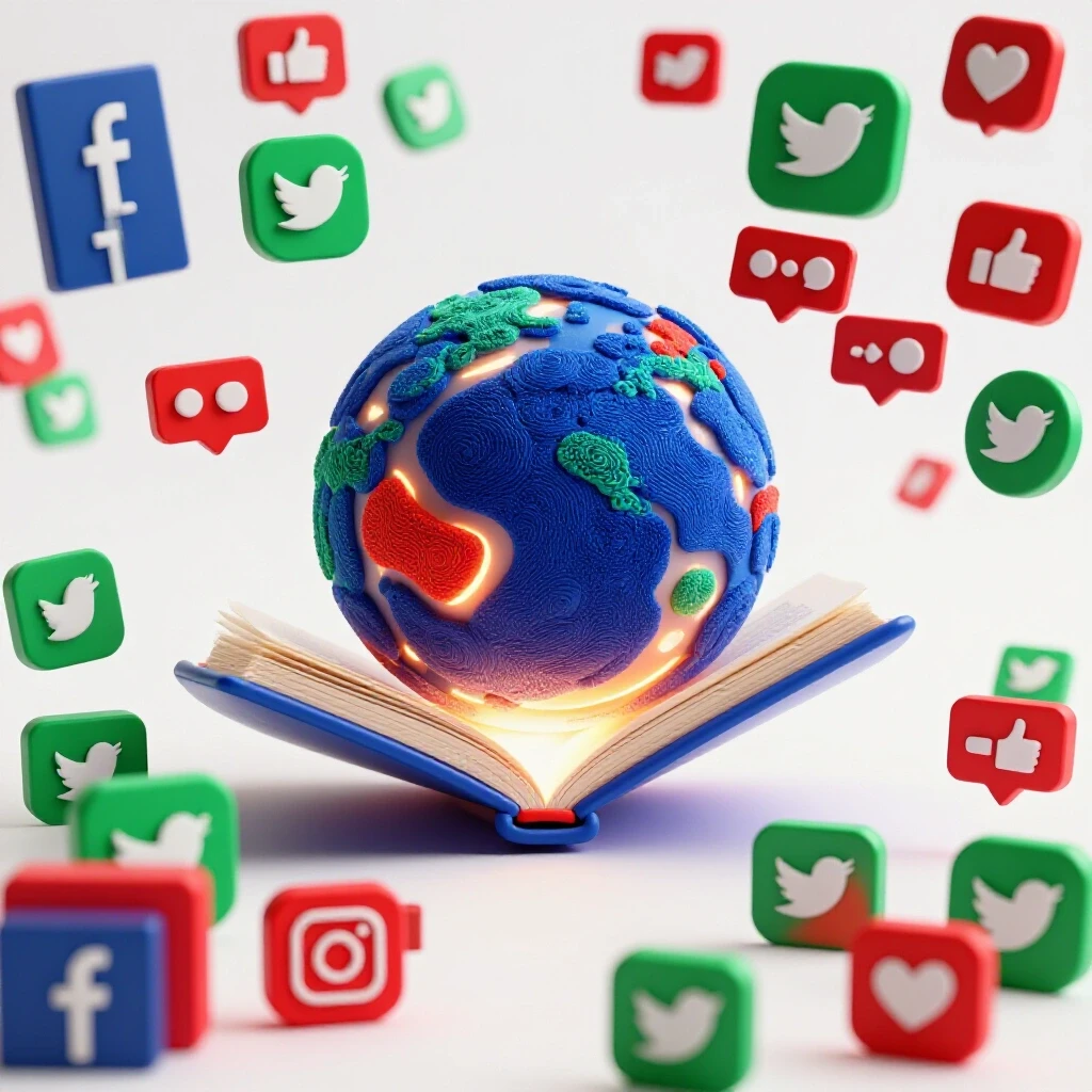 An abstract glowing book representing storytelling, surrounded by vibrant social media icons and engagement metrics.