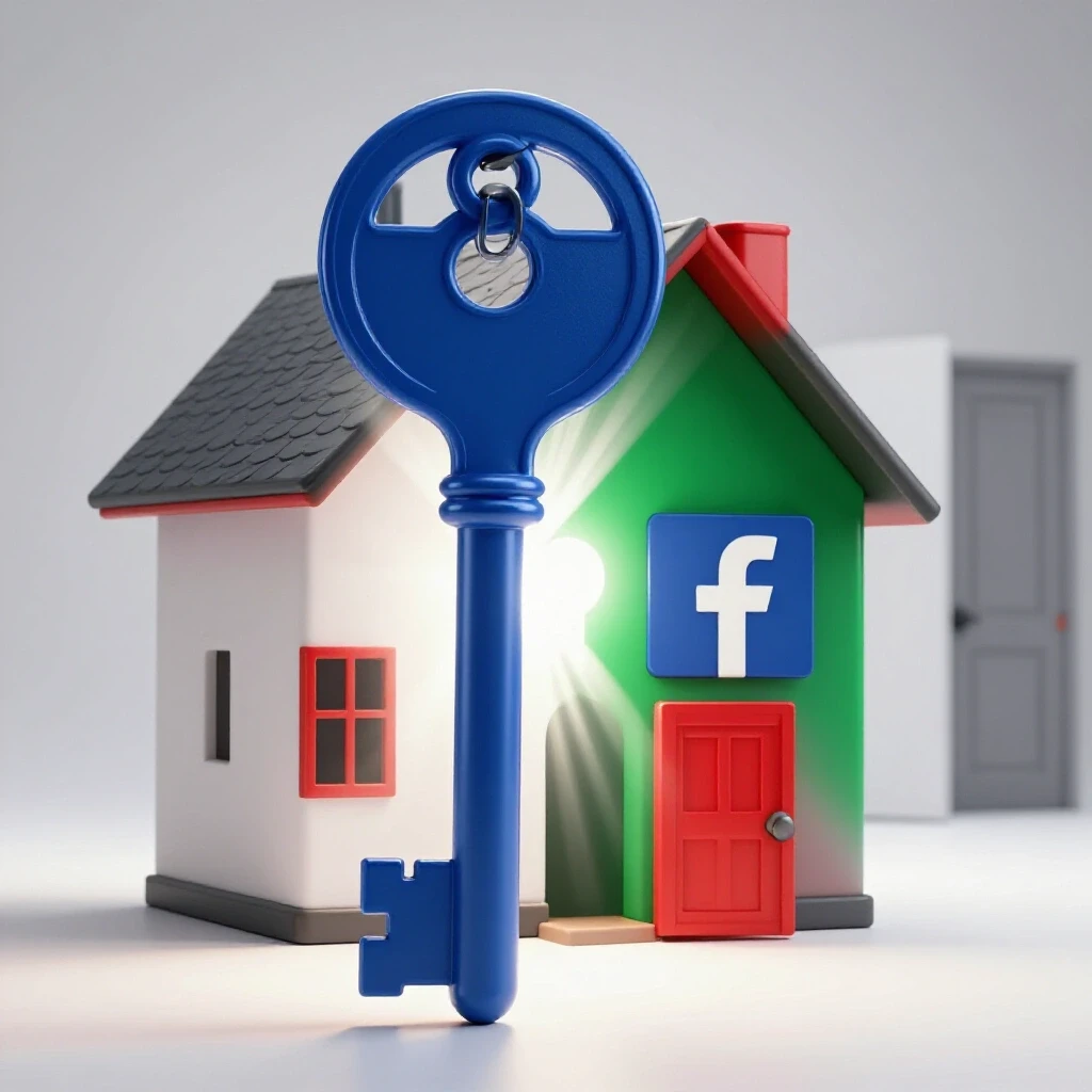 A vibrant ornate key unlocking a stylized house in Facebook colors, with rays of light symbolizing opportunity.