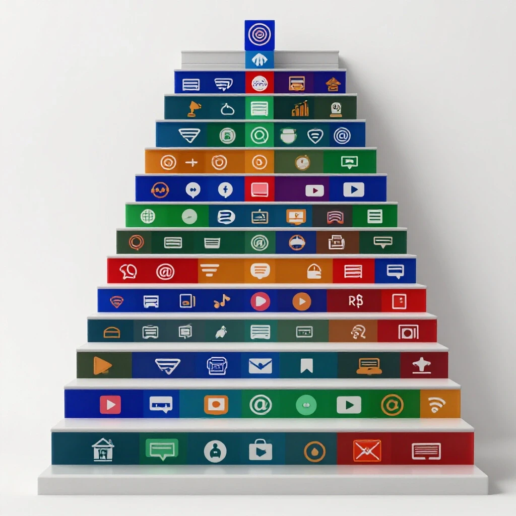 A vibrant 3D staircase leading into a diverse social media landscape, symbolizing budget scaling.