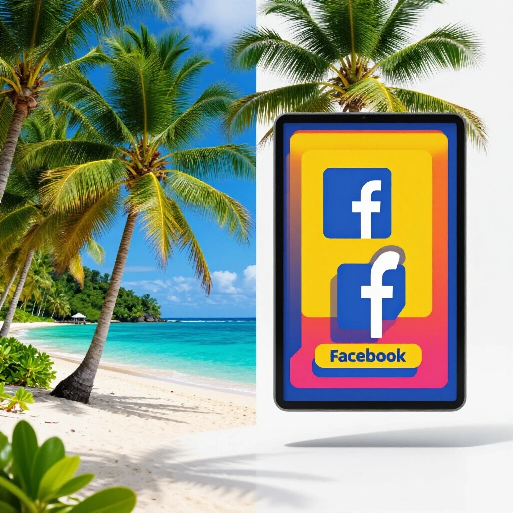 Vibrant split image of a tropical beach and a Facebook ad mockup, showcasing Filipino advertising potential.