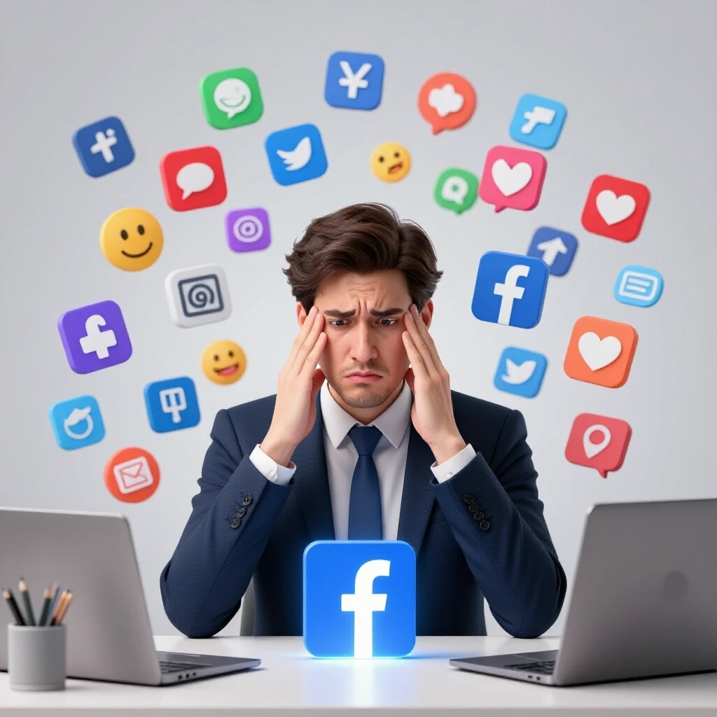 3D-rendered image of a frustrated business scene with chaotic social media icons and a serene workspace featuring a glowing Facebook logo.