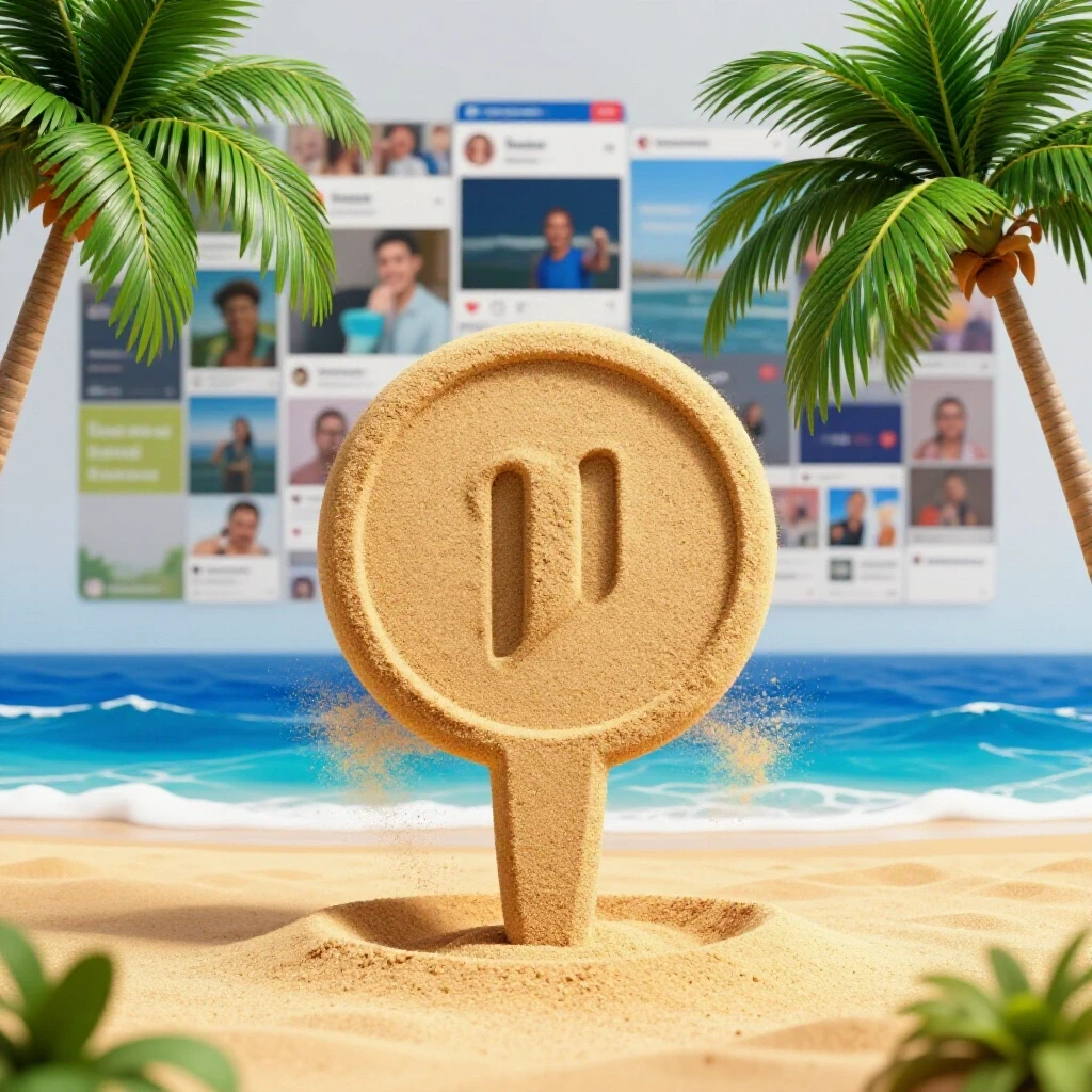 A sandy pause button on a beach, blurred social media feed in the background, evoking digital break contemplation.
