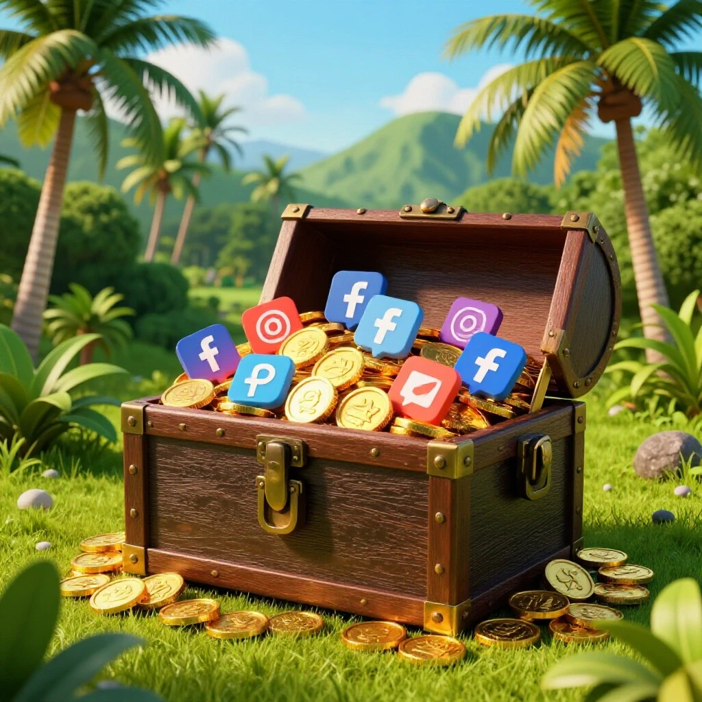 A vibrant tropical landscape in the Philippines featuring a treasure chest filled with golden coins and social media icons.
