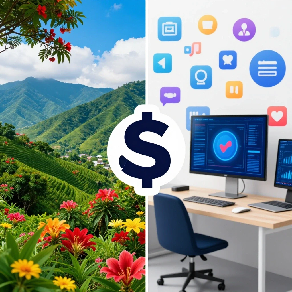 A split image showcasing a vibrant Philippine landscape alongside a digital workspace with social media icons, connected by a central vibrant graph symbol.