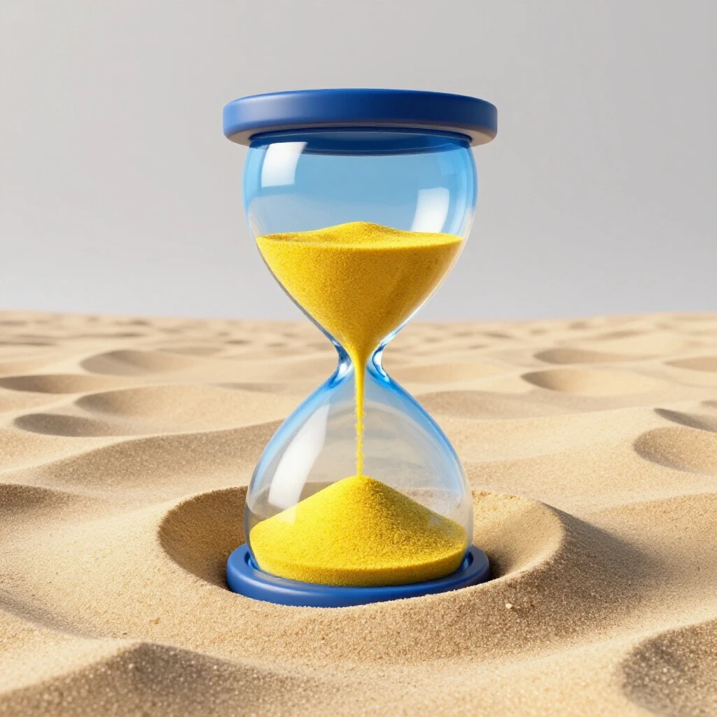 A large hourglass in a tropical beach setting with sand flowing at different speeds, symbolizing time.