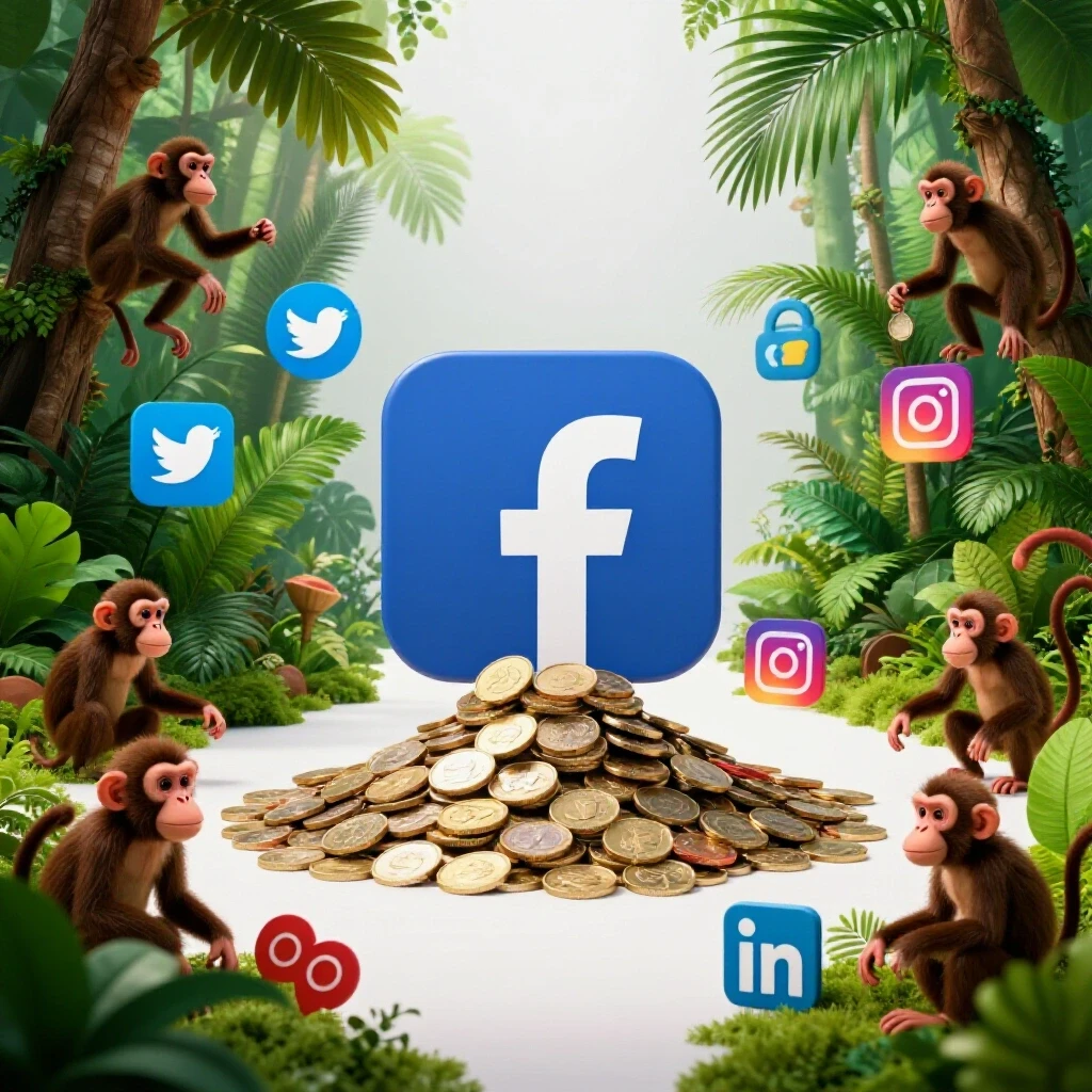 A vibrant jungle scene with a Facebook logo spilling digital coins, and playful monkeys interacting with social media icons.