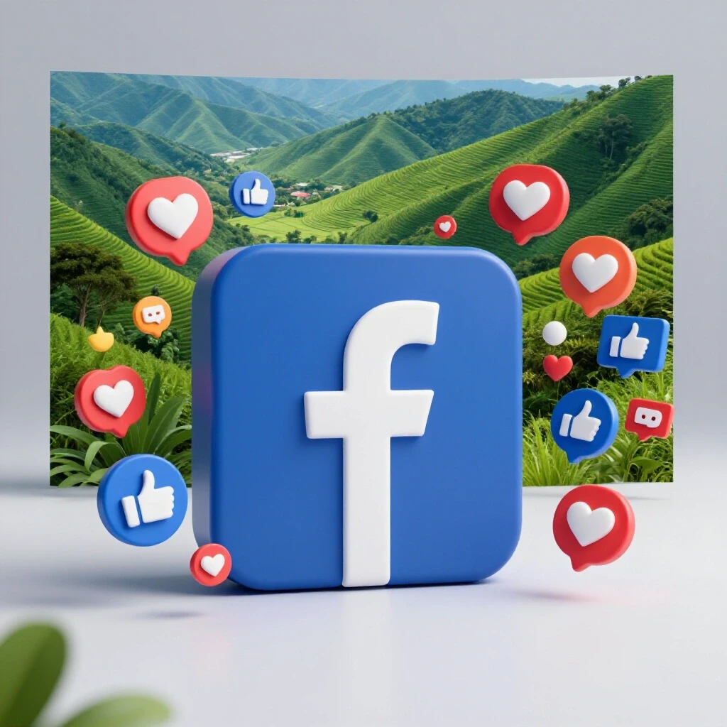 A vibrant Philippines landscape with a magnified Facebook logo and colorful social media icons, highlighting engagement.
