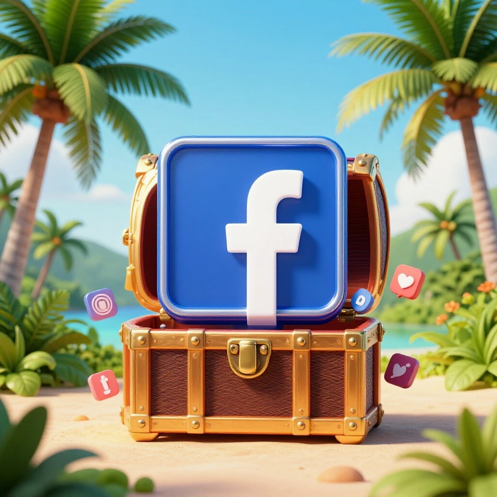 A vibrant representation of a logo PNG being unlocked from a treasure chest against a tropical backdrop, symbolizing Facebook ad potential.