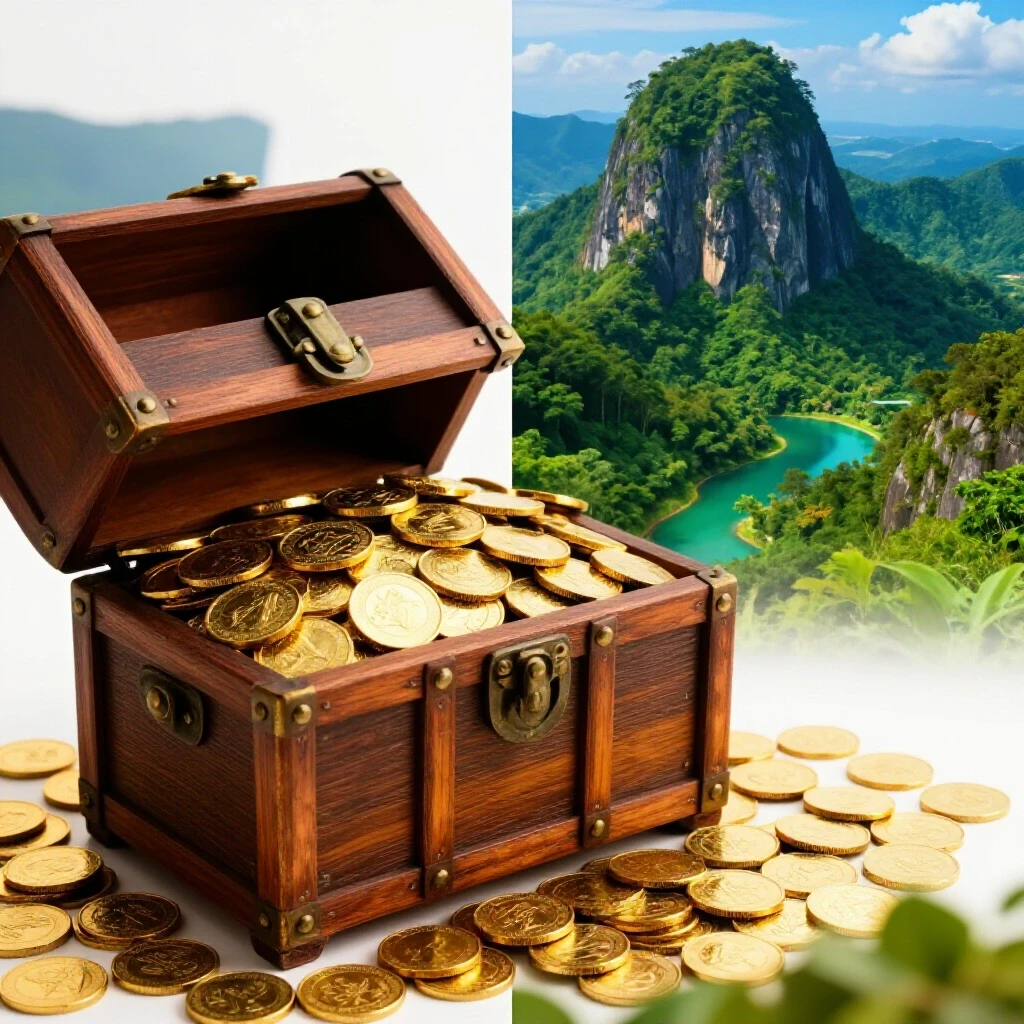 A split view of a treasure chest overflowing with gold coins and a vibrant Philippine landscape, symbolizing low CPC rewards in Facebook Ads.