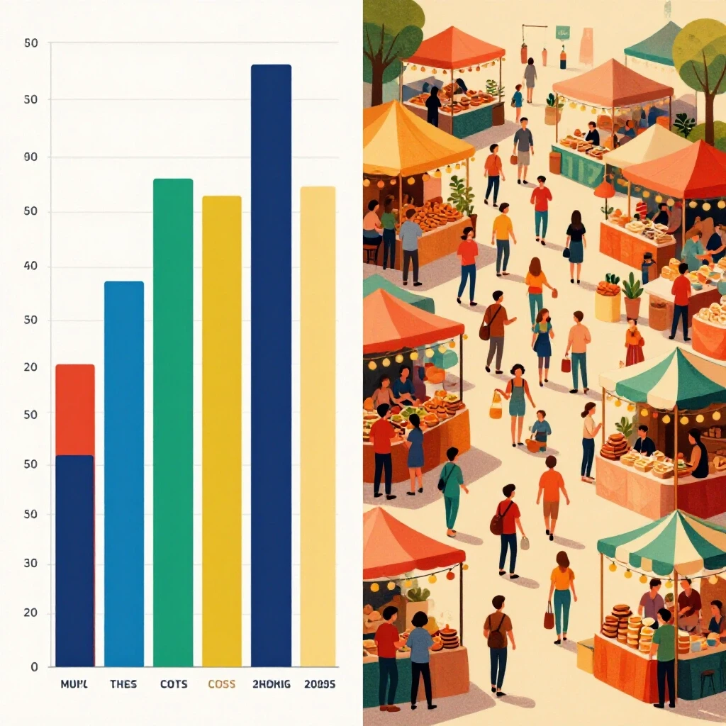 Split composition showing a bar graph of Facebook ad costs and an engaging marketplace scene to symbolize social interaction.