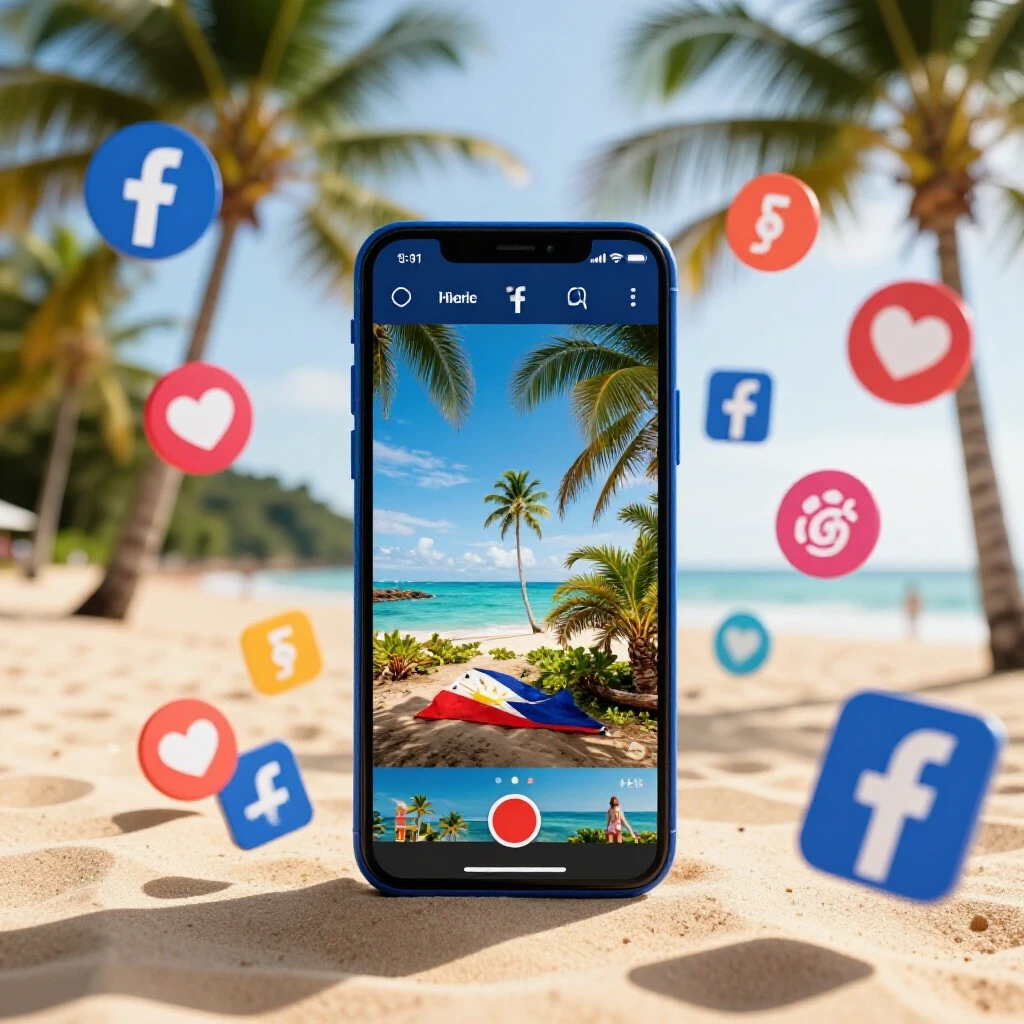 Smartphone with video thumbnail surrounded by vibrant social media icons and tropical beach imagery representing the Philippines.