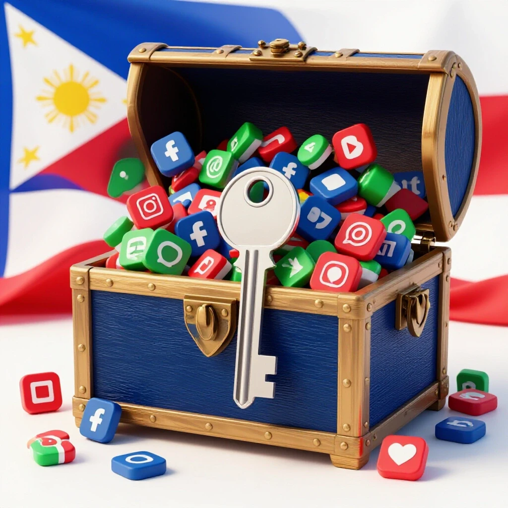 A vibrant key unlocking a treasure chest filled with colorful social media icons amid the Philippine flag.