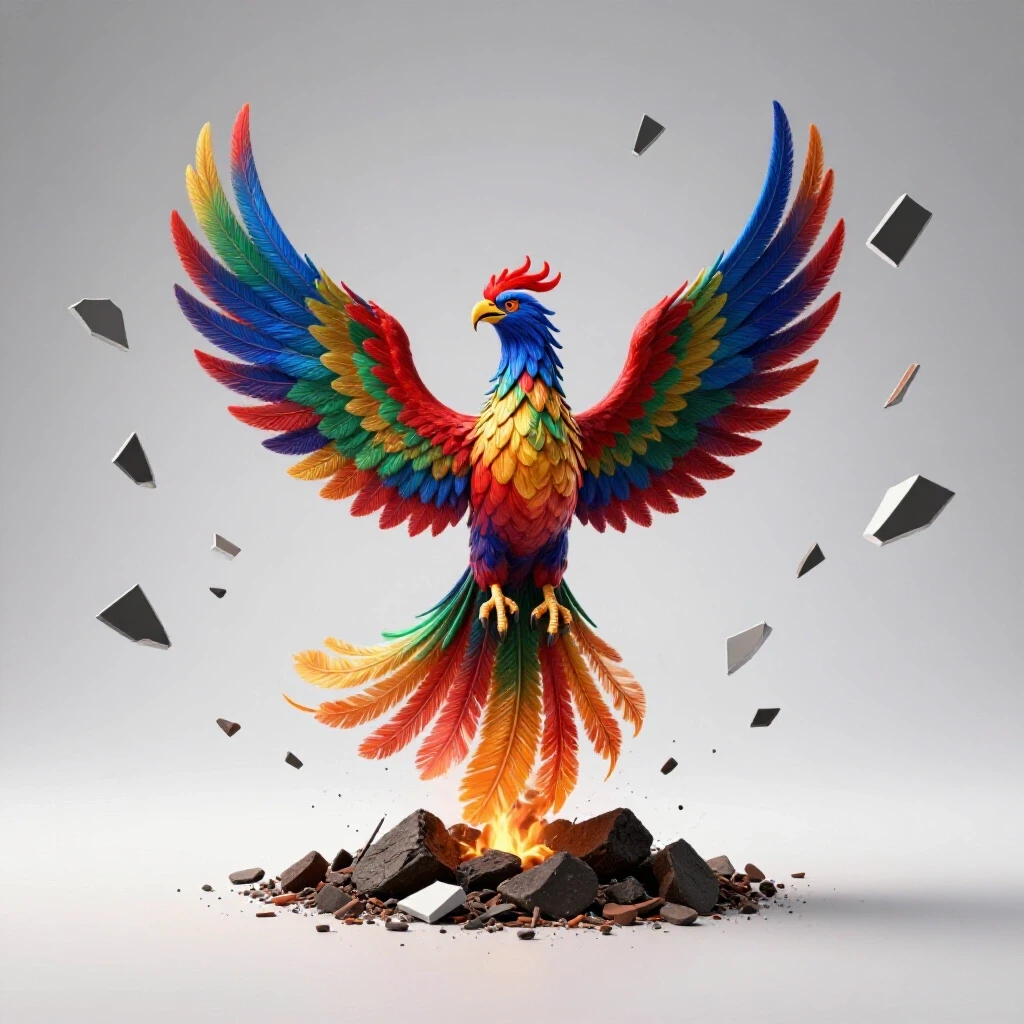 A vibrant phoenix rising from ashes with shattered brand logos in the background, symbolizing brand recovery.