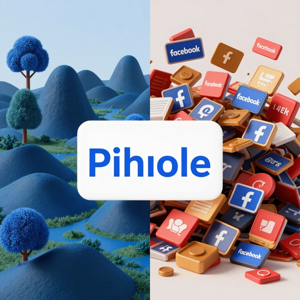 A split-screen image showing a serene ad-free landscape on one side and a chaotic environment filled with Facebook ads on the other.