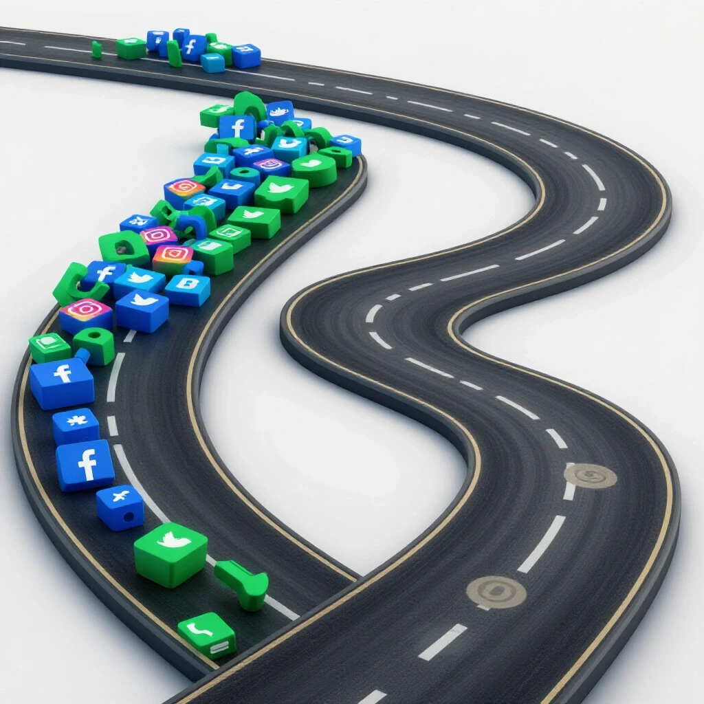 A winding road splits into two paths: one with vibrant social media icons and the other with faded icons, symbolizing growth and stagnation.
